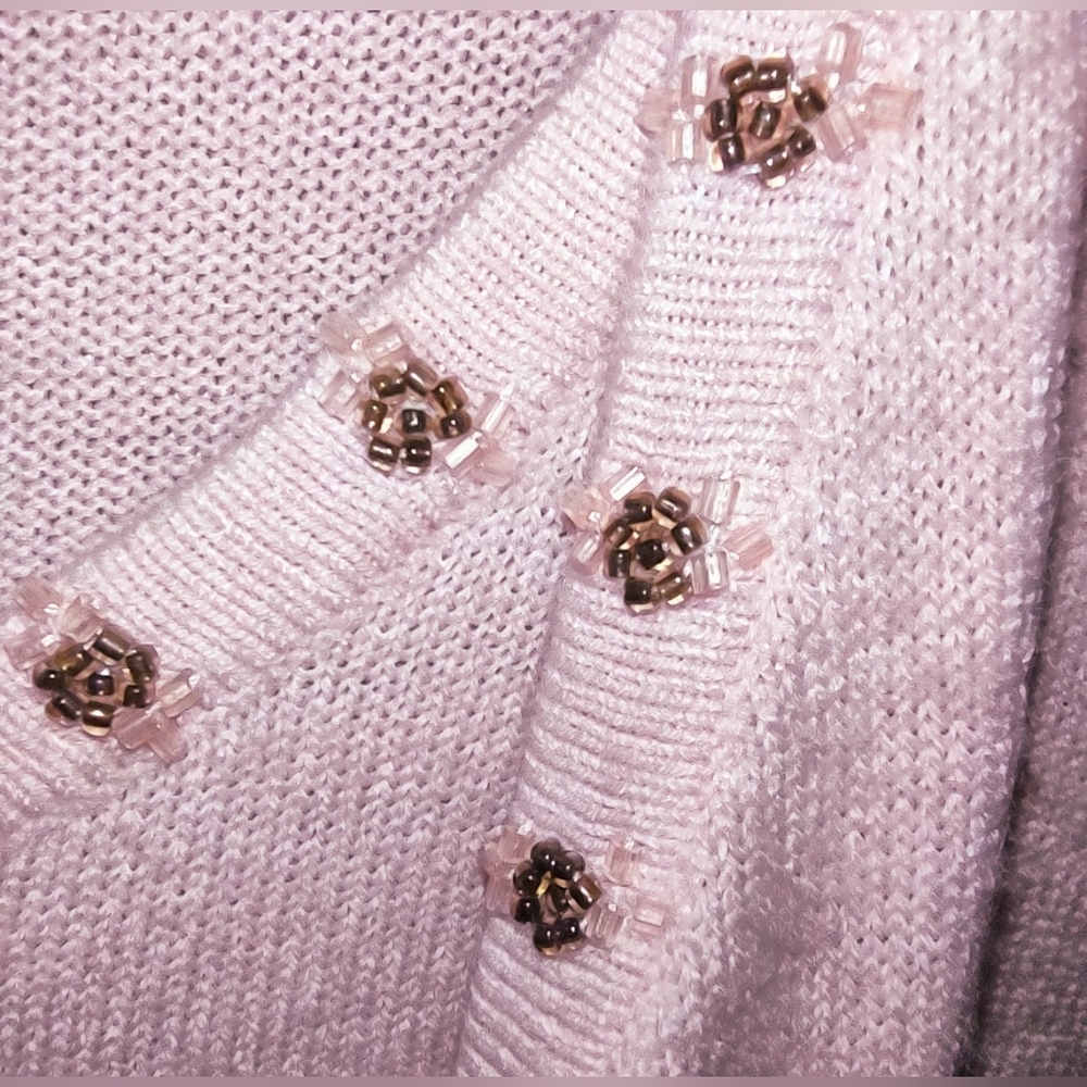 1-pc Light Pink Shell & Cardigan Sweater Floral Beaded Embellished